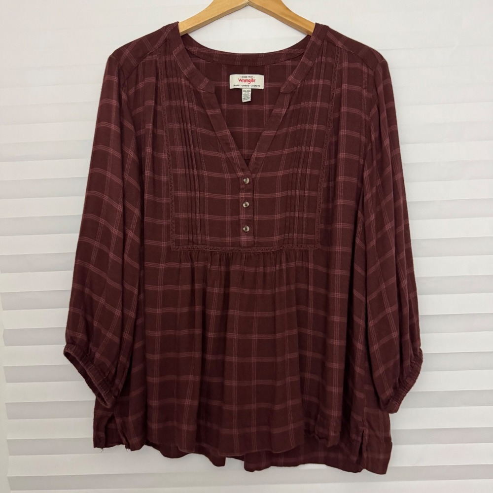 Wrangler Womens XXL Burgundy Plaid Pintuck 3/4 Sleeve Peasant Babydoll Top